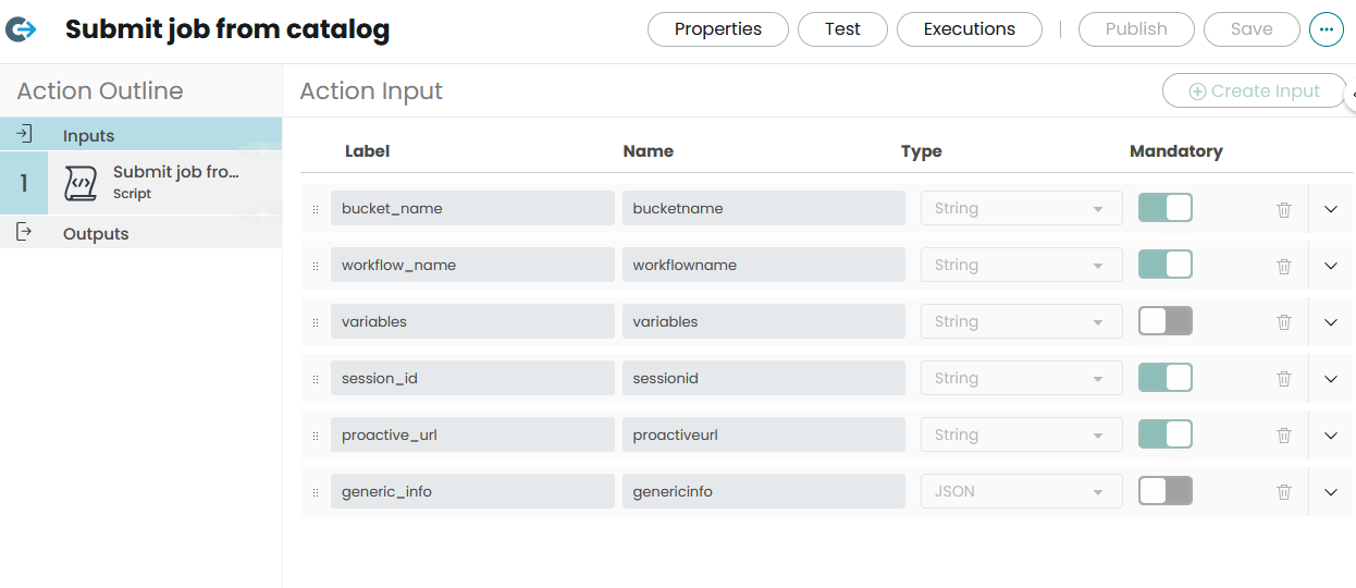 servicenow action inputs