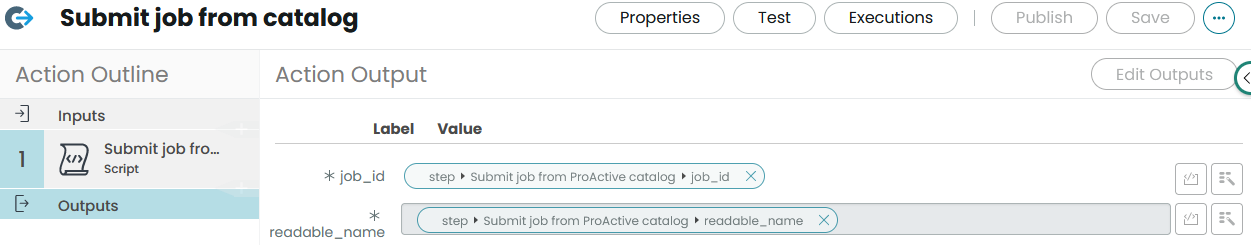 servicenow action outputs