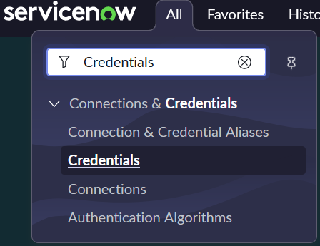 servicenow credentials menu